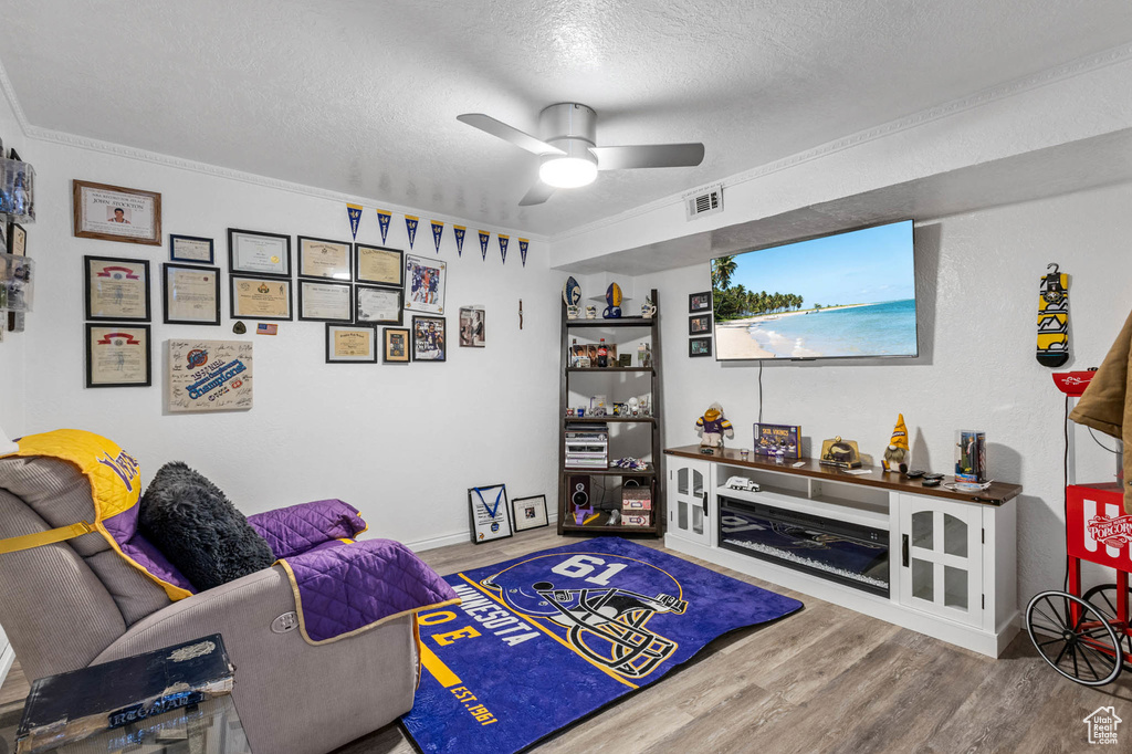 Living area with wood finished floors, a textured ceiling, a ceiling fan, ornamental molding, and baseboards
