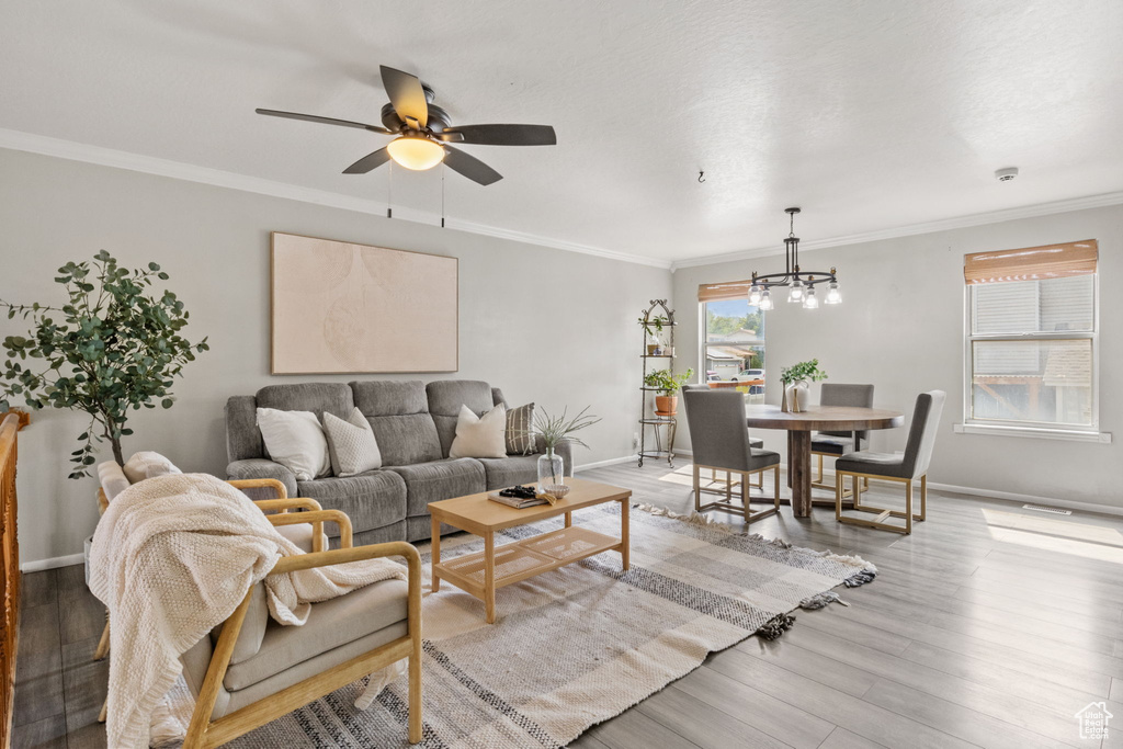Living room featuring a chandelier, ceiling fan, light wood-type flooring, baseboards, and crown molding