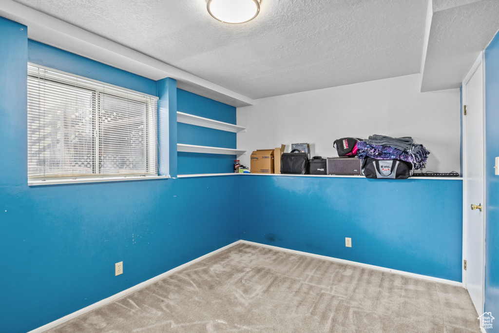 Empty room with a textured ceiling, carpet floors, and baseboards