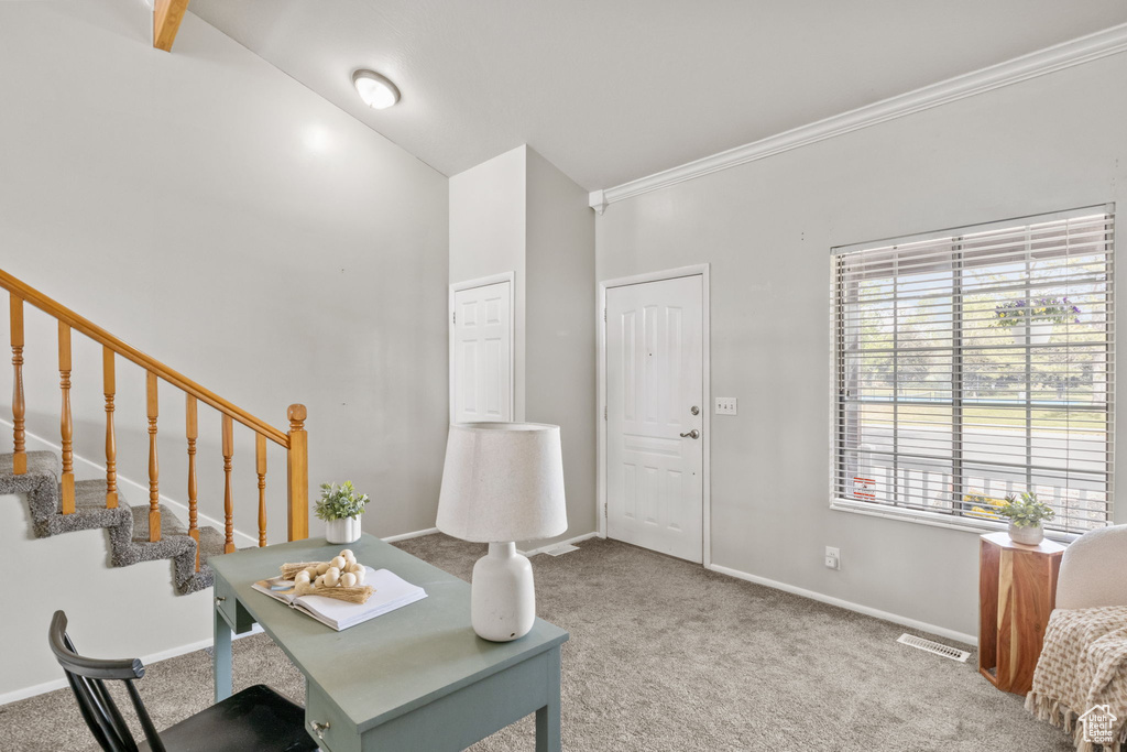 Office featuring carpet, plenty of natural light, baseboards, ornamental molding, and high vaulted ceiling