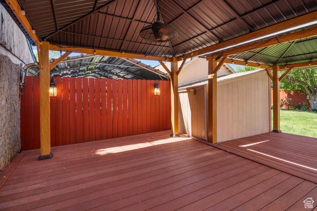 Deck with a gazebo and ceiling fan