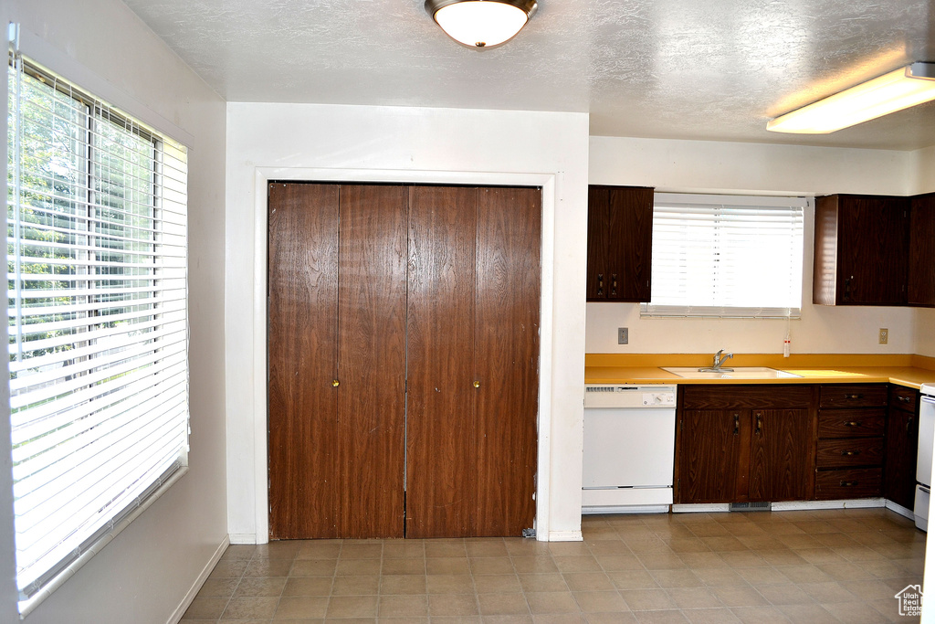 Kitchen with white dishwasher, a sink, light countertops, dark brown cabinets, and a textured ceiling