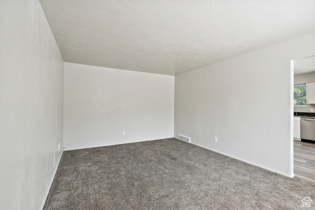 Carpeted empty room featuring a textured ceiling