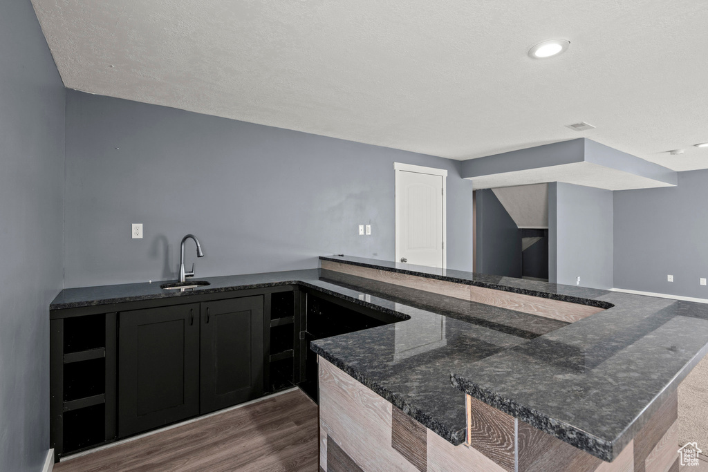 Bar with a sink, dark wood-type flooring, and recessed lighting