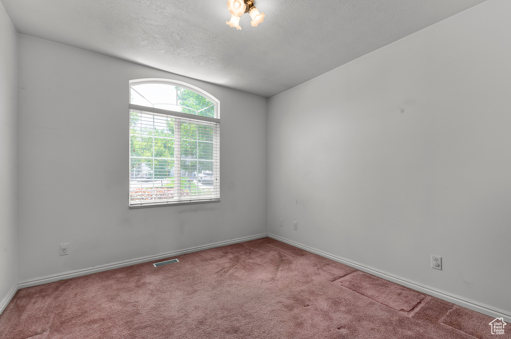 Spare room with carpet floors, a textured ceiling, and baseboards