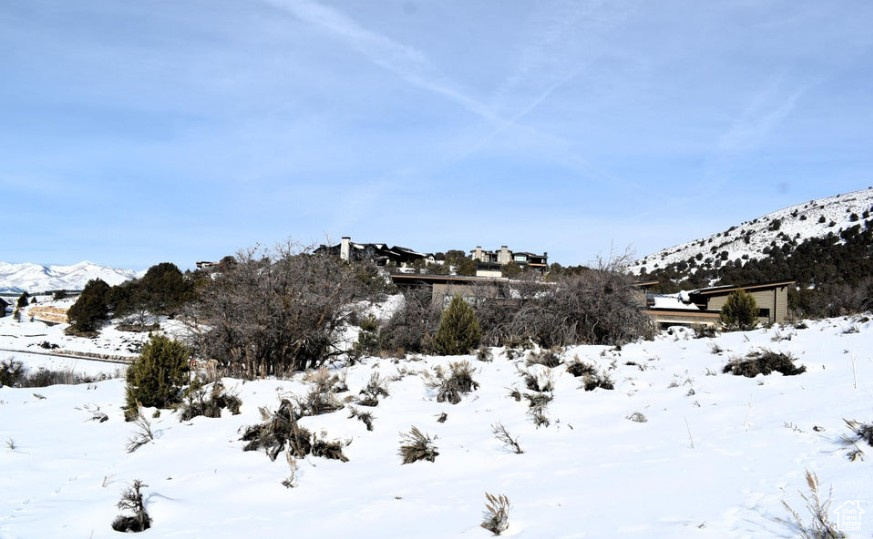 Yard covered in snow featuring a mountain view