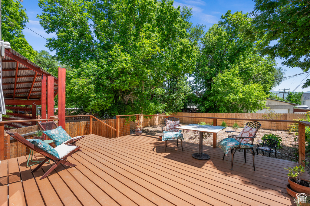 Wooden deck with a fenced backyard