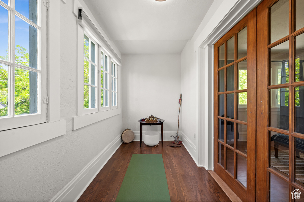 Corridor featuring plenty of natural light, dark wood-style floors, baseboards, and french doors