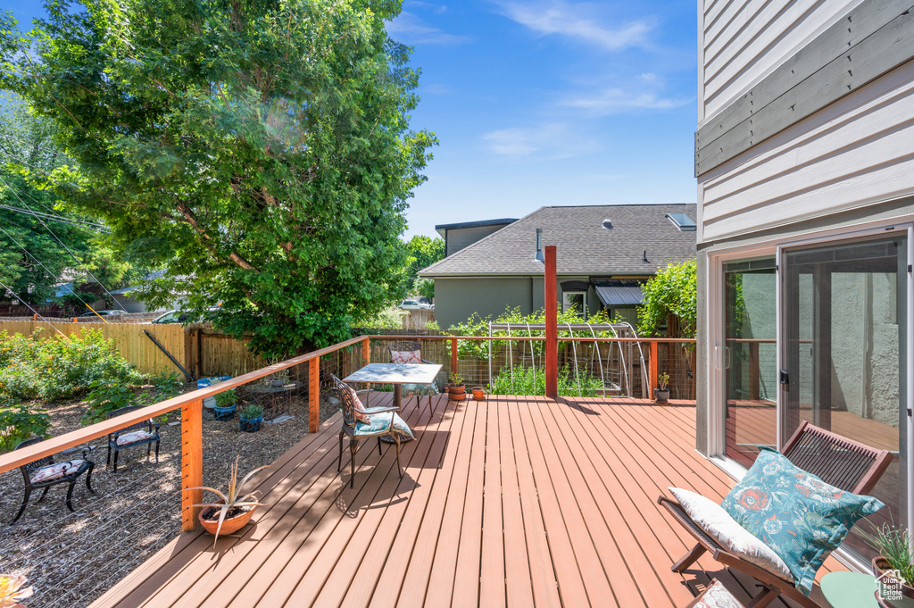 Deck with a fenced backyard