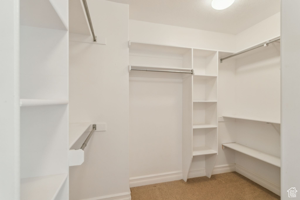 Spacious closet featuring light colored carpet