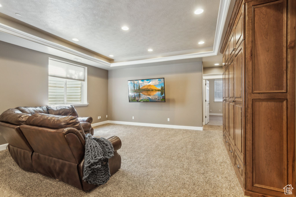 Living area with a tray ceiling, light carpet, baseboards, recessed lighting, and a textured ceiling