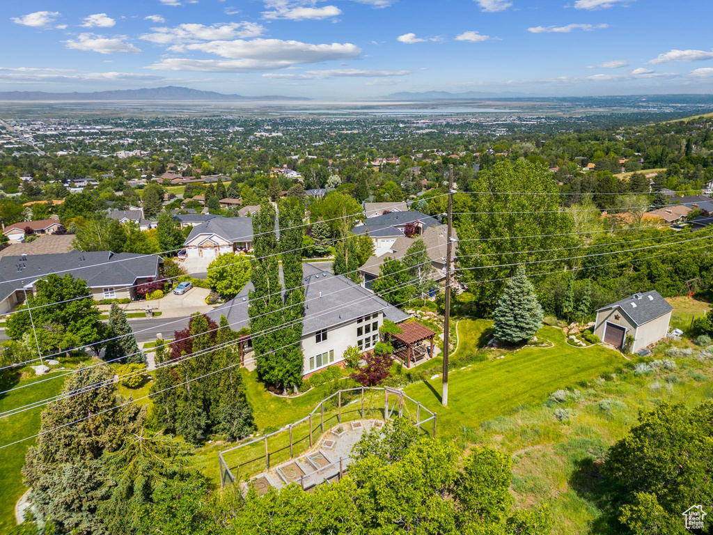 Aerial overview of property\'s location featuring mountains and property parcel outlined