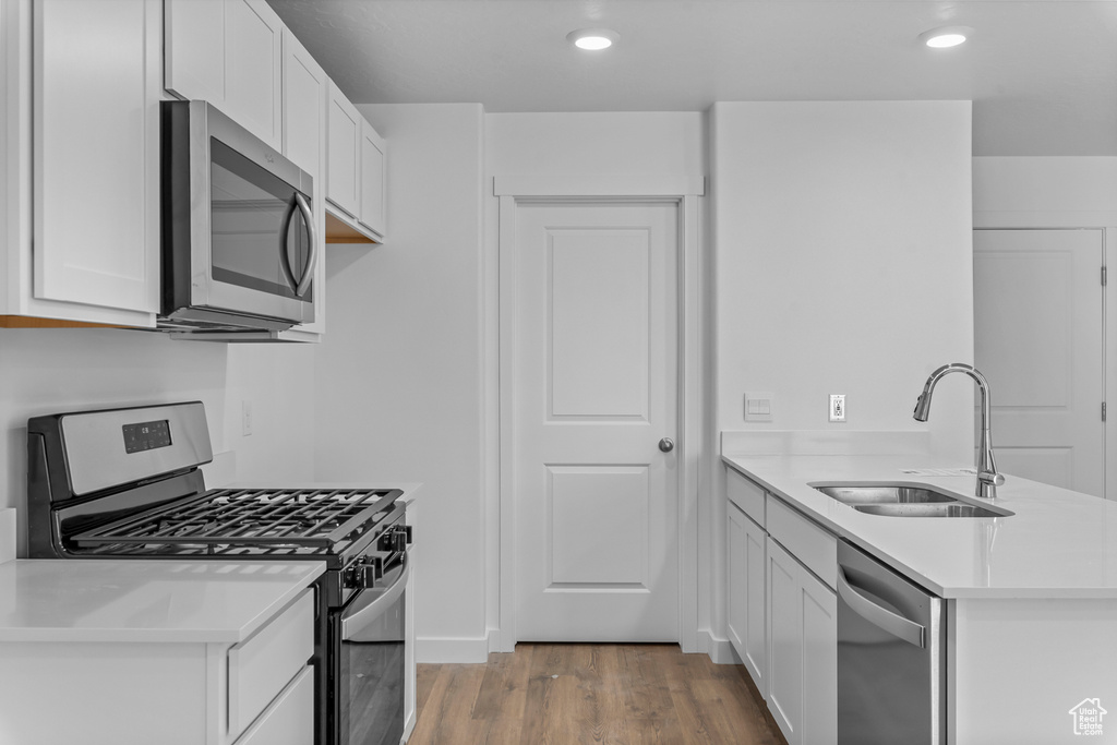Kitchen featuring stainless steel appliances, a sink, a peninsula, wood finished floors, and light countertops