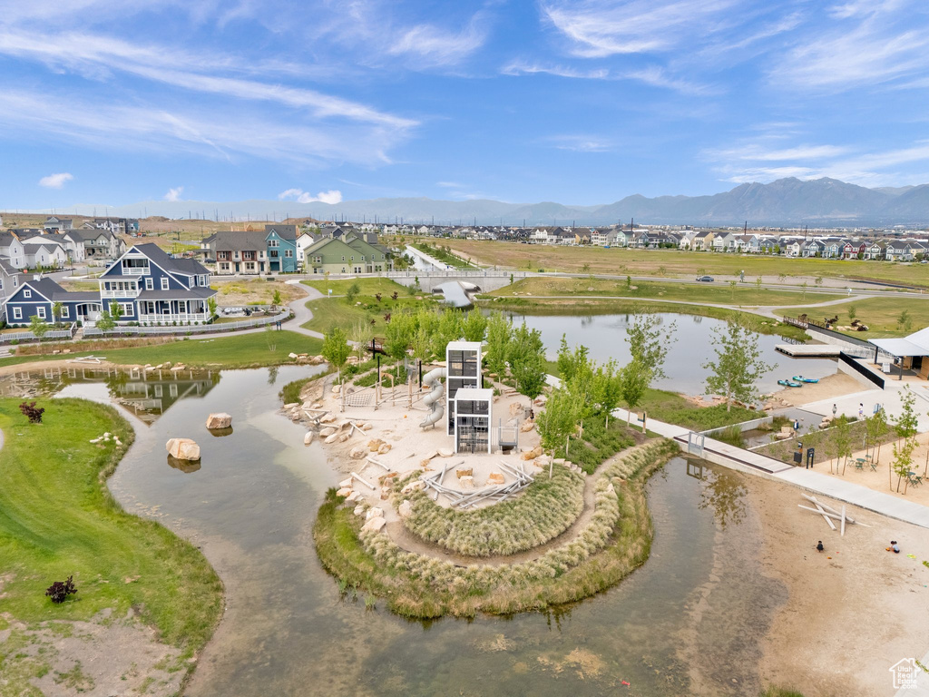Aerial view of residential area with a water and mountain view