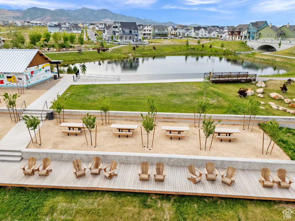 Aerial view of residential area with a water and mountain view