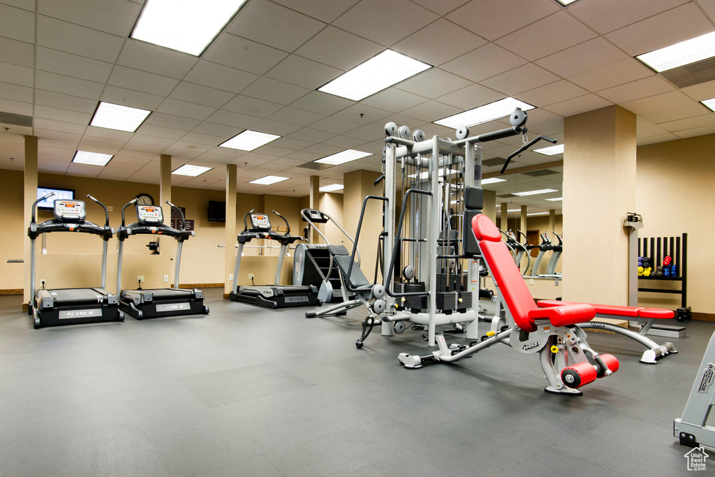 Gym featuring a paneled ceiling
