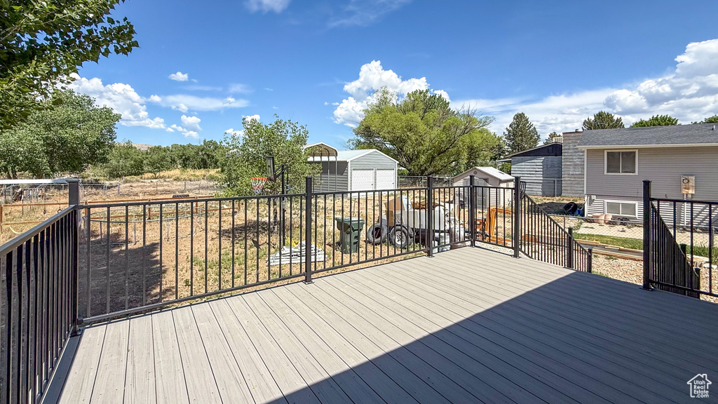 Deck with a fenced backyard