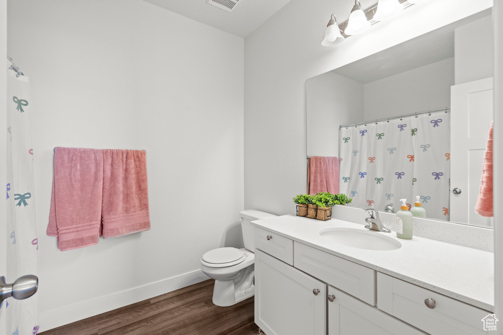 Full bathroom featuring vanity, wood finished floors, toilet, baseboards, and curtained shower