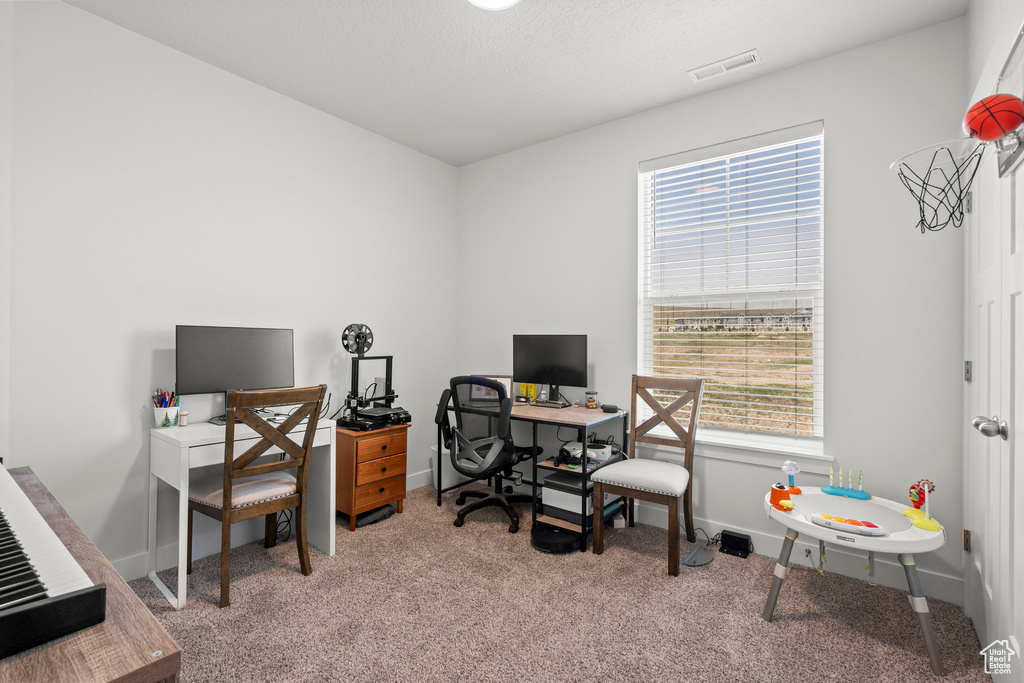 Home office with carpet flooring and baseboards