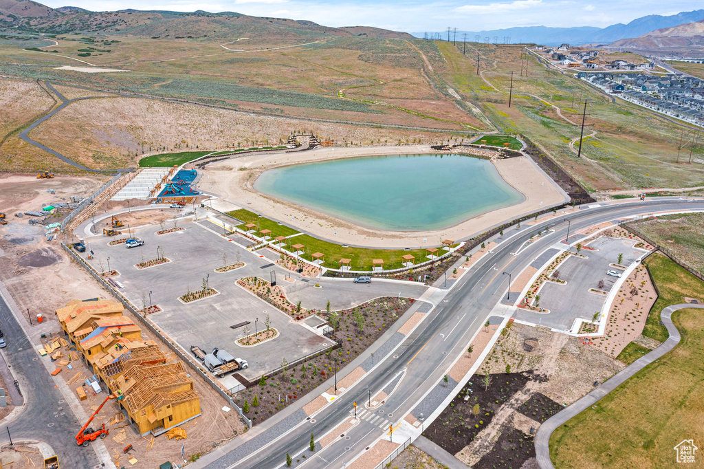 Aerial view of a water and mountain view