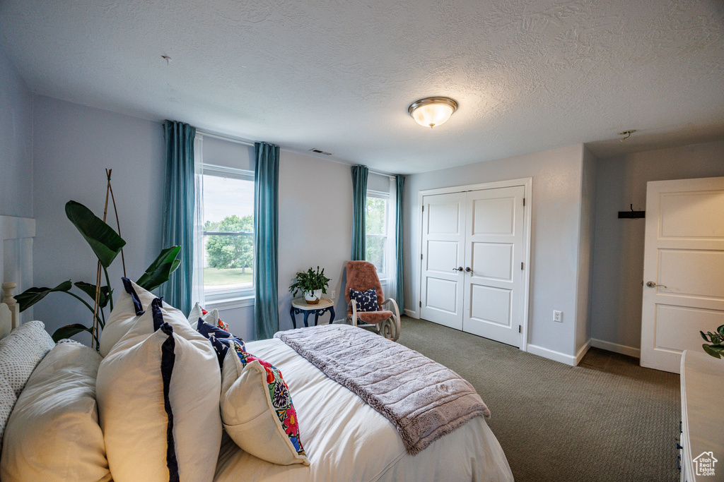Carpeted bedroom featuring baseboards, a closet, and a textured ceiling