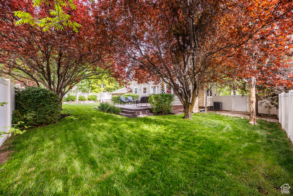 View of yard featuring a deck and cooling unit