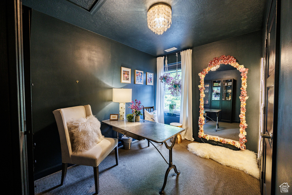 Carpeted office space with a textured ceiling