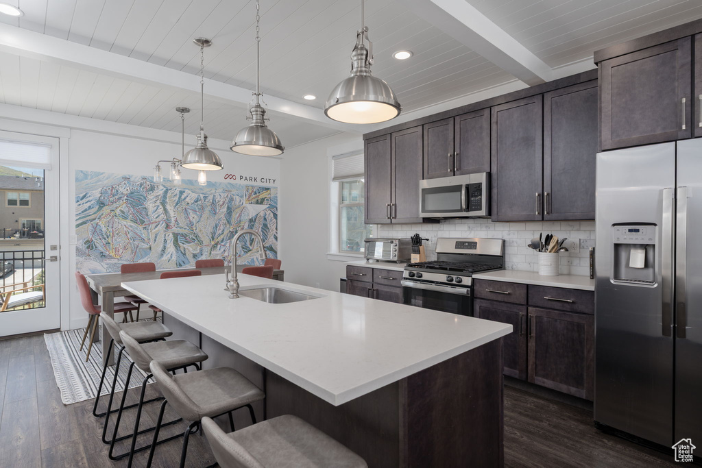 Kitchen featuring appliances with stainless steel finishes, a sink, dark wood finished floors, backsplash, and wood ceiling with exposed beams