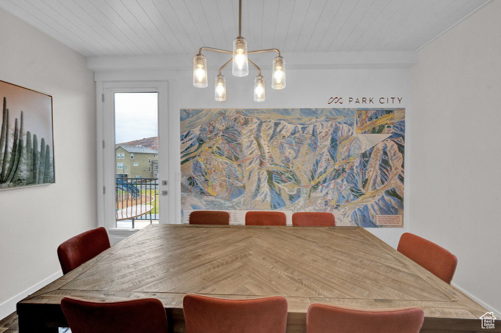 Dining room with plenty of natural light, a chandelier, and wood ceiling