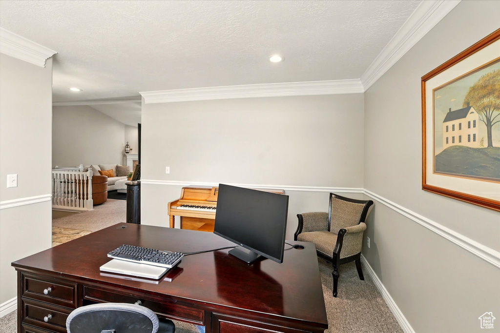 Carpeted home office featuring recessed lighting, baseboards, and ornamental molding