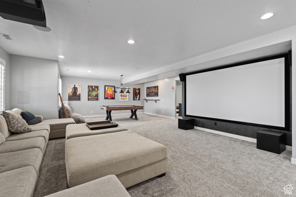 Home theater room featuring carpet floors, recessed lighting, pool table, and baseboards