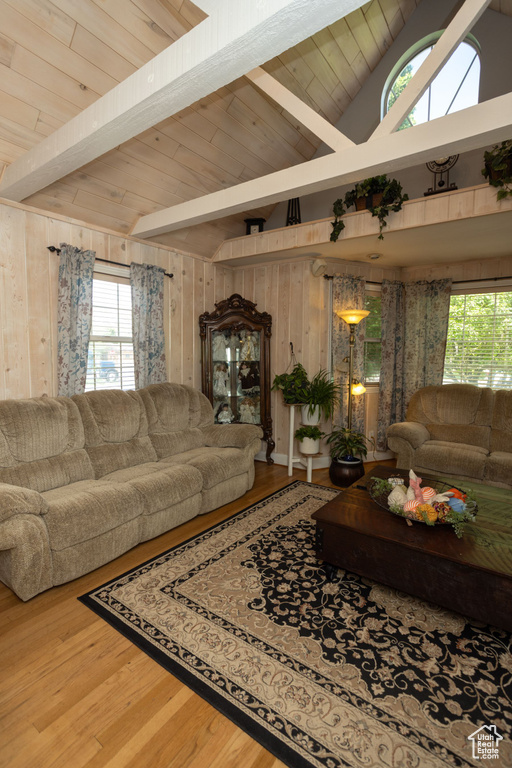 Living room featuring wood finished floors, wooden ceiling, and wood walls