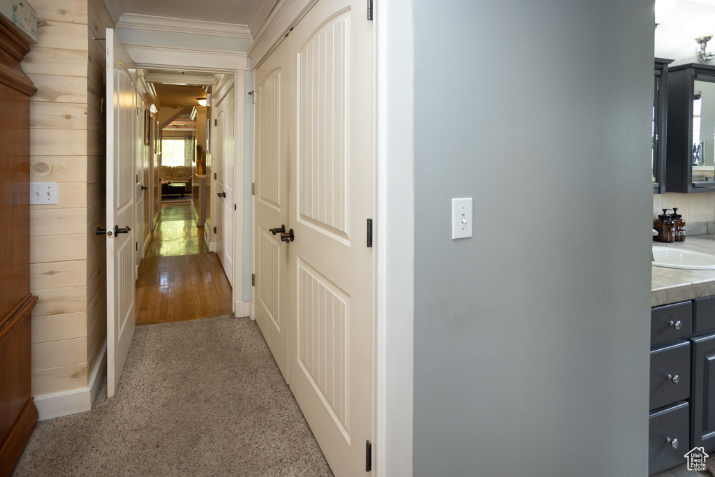 Corridor featuring crown molding, carpet floors, and a sink