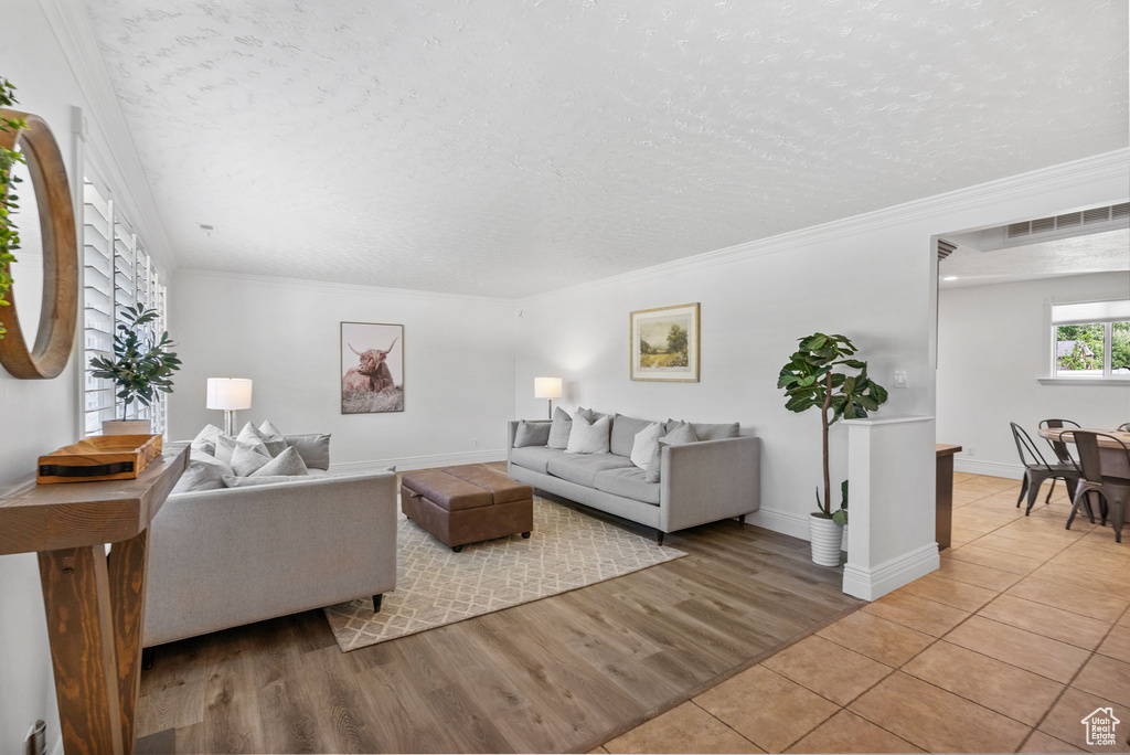 Living room featuring a textured ceiling, crown molding, light tile patterned flooring, and baseboards