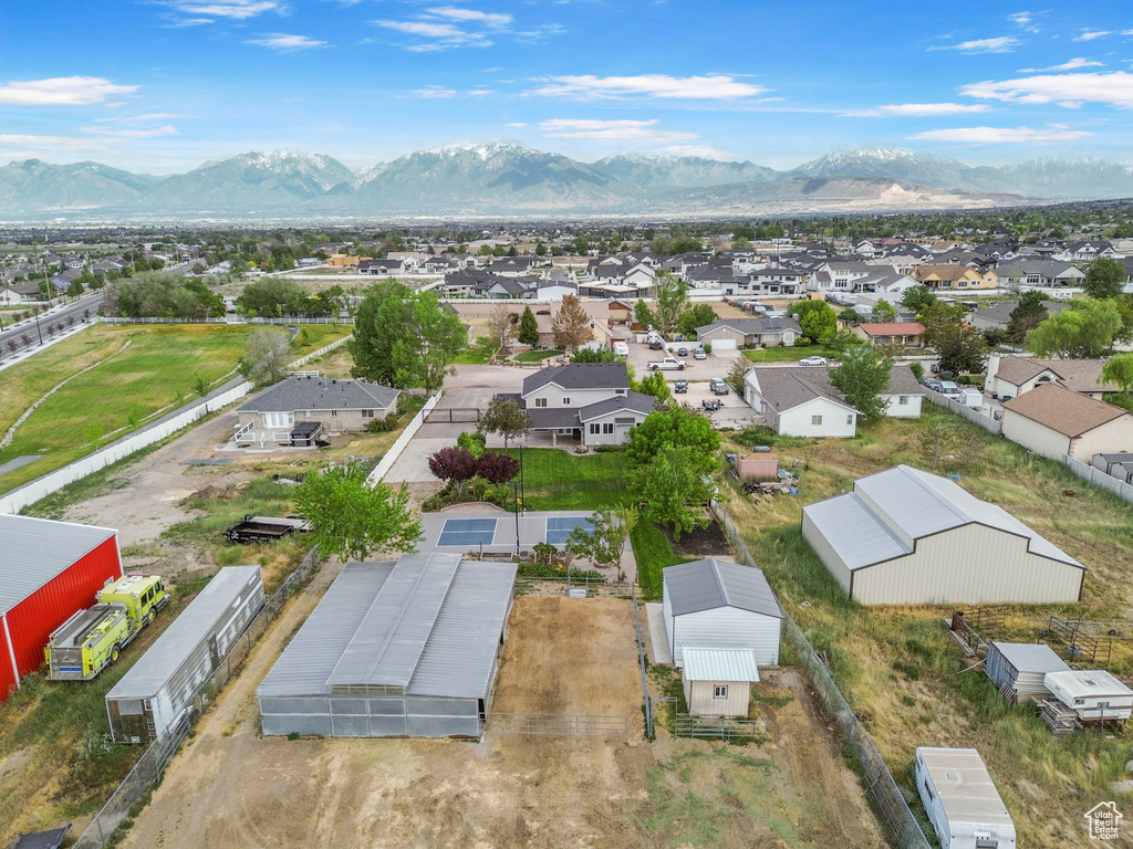 Aerial view of residential area with mountains