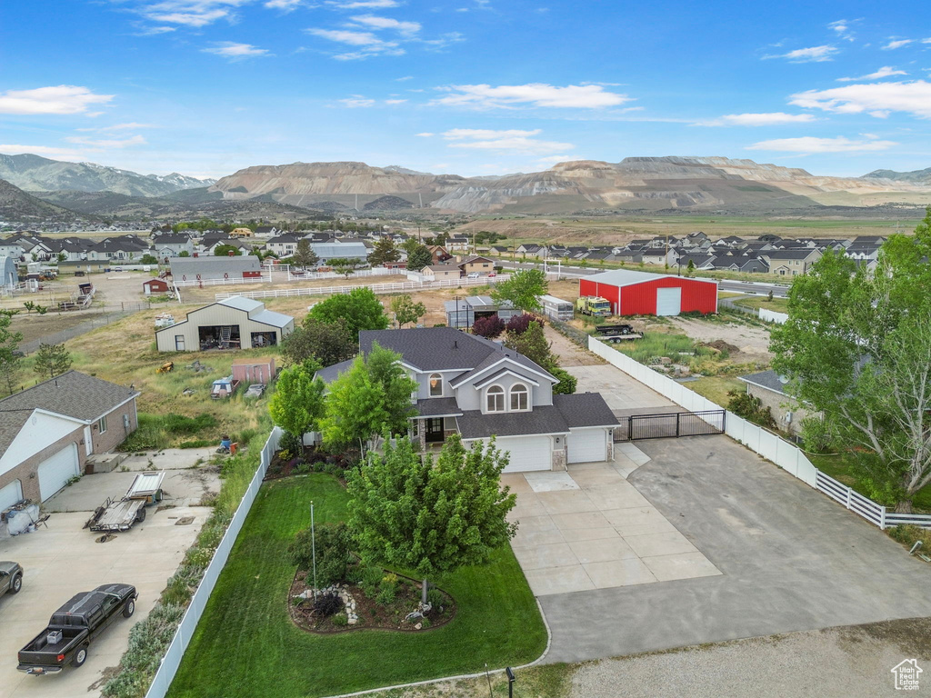 Aerial perspective of suburban area featuring mountains