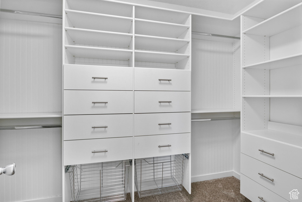 Walk in closet with dark carpet