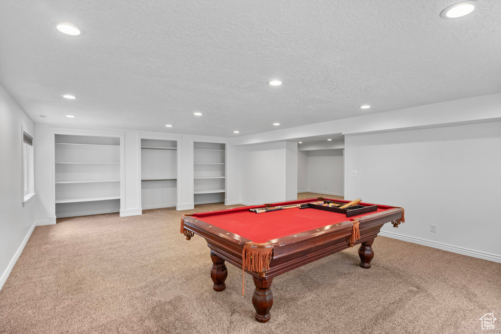 Game room with carpet floors, a textured ceiling, baseboards, billiards, and recessed lighting