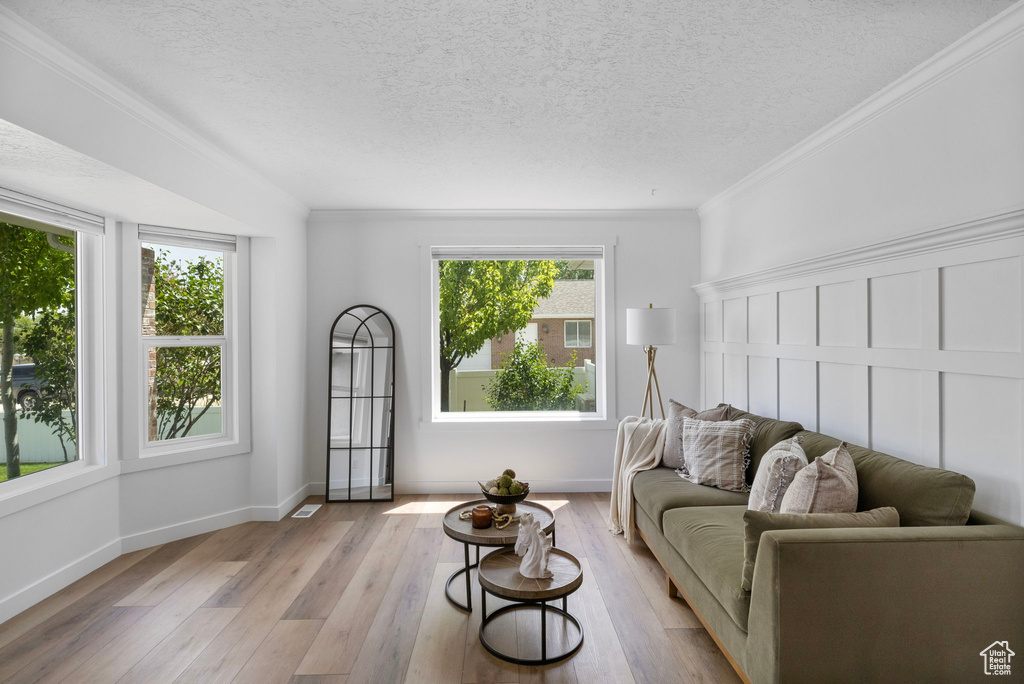 Living area featuring light wood-type flooring, ornamental molding, a textured ceiling, and baseboards