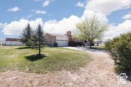 View of grassy yard with an attached garage and dirt driveway