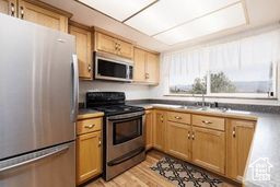 Kitchen with stainless steel appliances and light wood finished floors