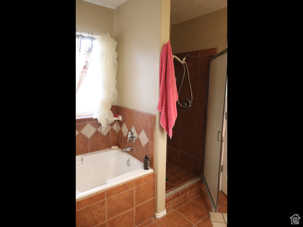 Bathroom with tile patterned flooring, a shower stall, and a bath