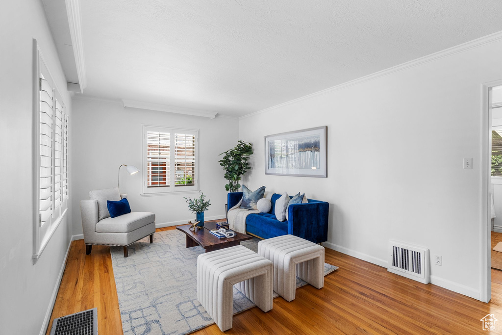 Living area with wood finished floors, ornamental molding, and baseboards