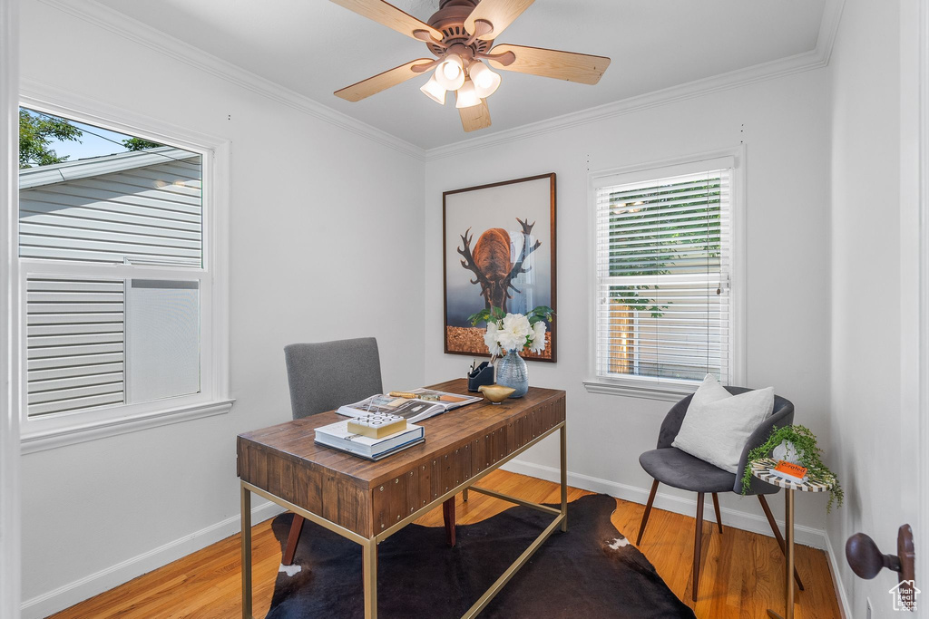Office area featuring wood finished floors, baseboards, crown molding, and ceiling fan