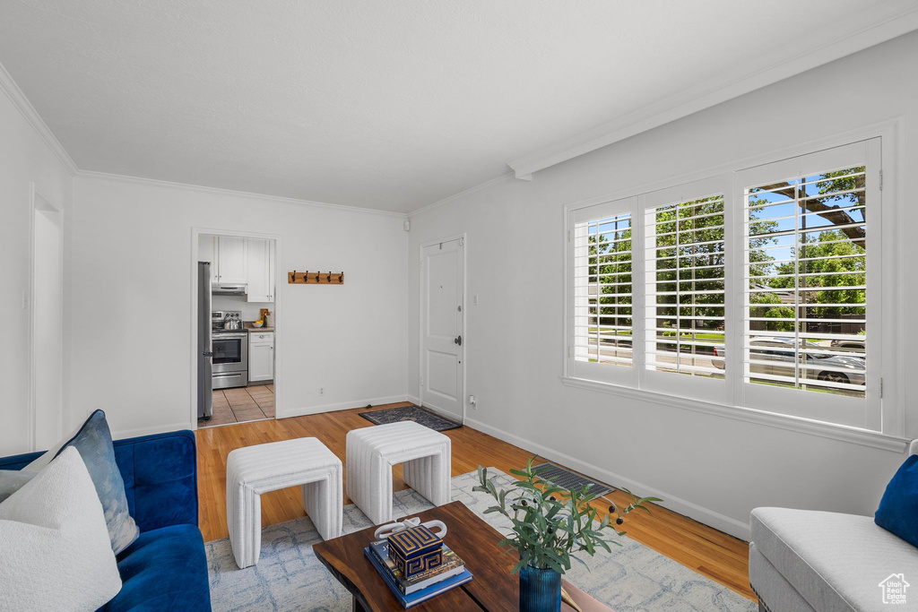 Living area with light wood finished floors, crown molding, and baseboards