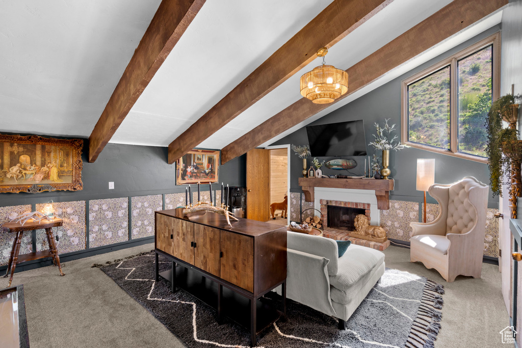 Living room with carpet floors and a fireplace