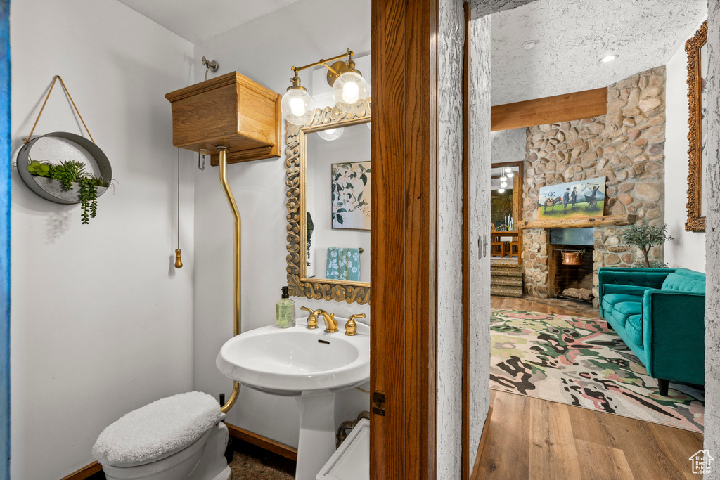 Bathroom with wood finished floors, a sink, and toilet