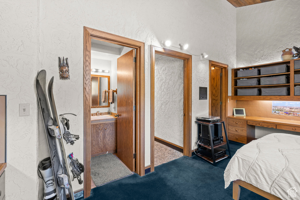 Bedroom featuring a textured wall, carpet, and a sink