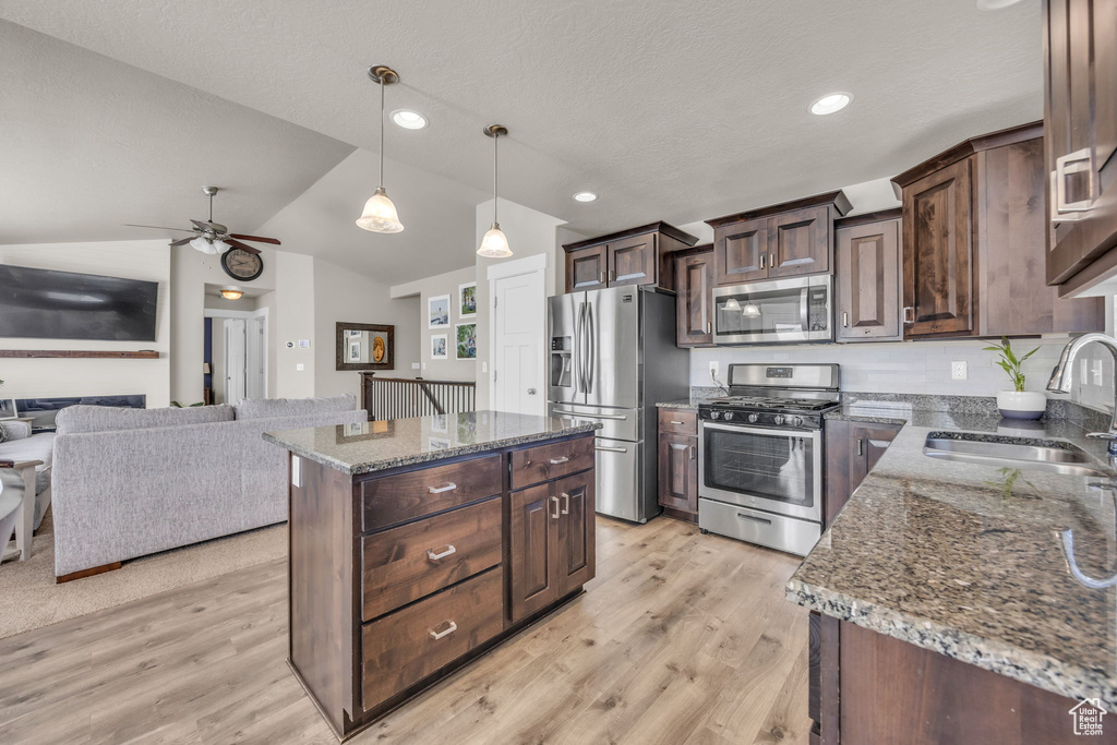 Kitchen with stainless steel appliances, a sink, dark brown cabinets, ceiling fan, and vaulted ceiling