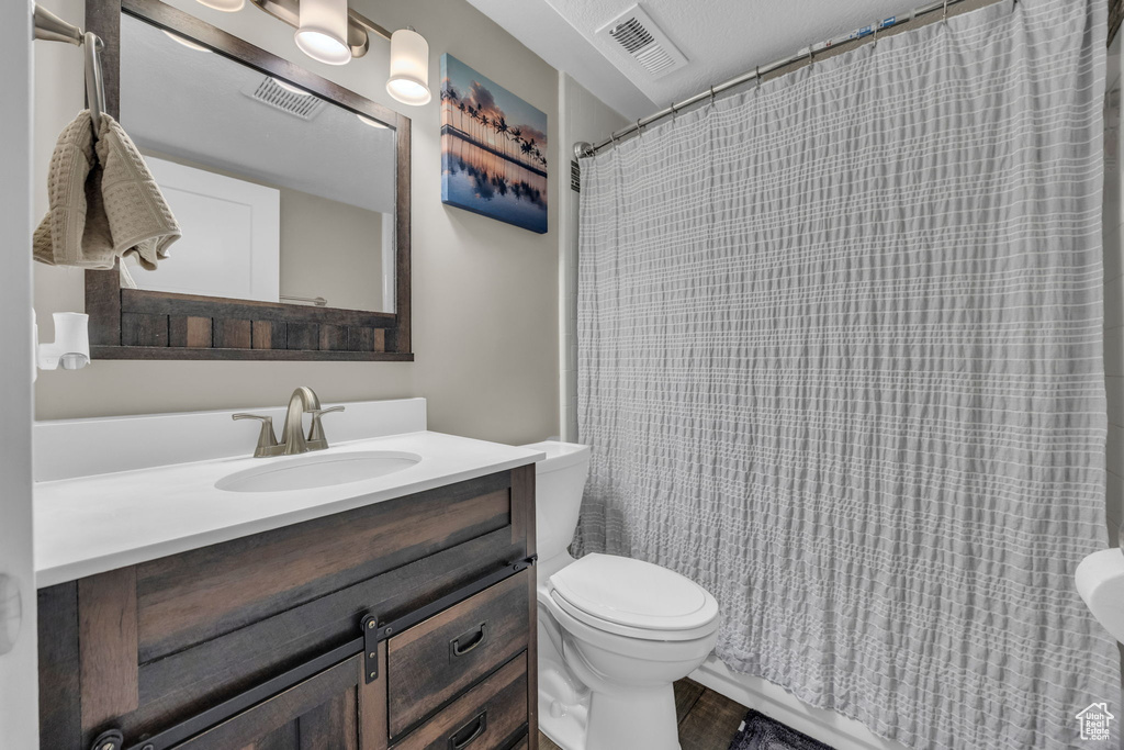 Bathroom with toilet, vanity, and a shower with shower curtain